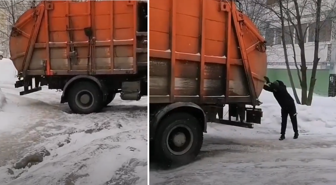 Не осилил: на Новоселов мусоровоз не смог выбраться из ледяных рытвин